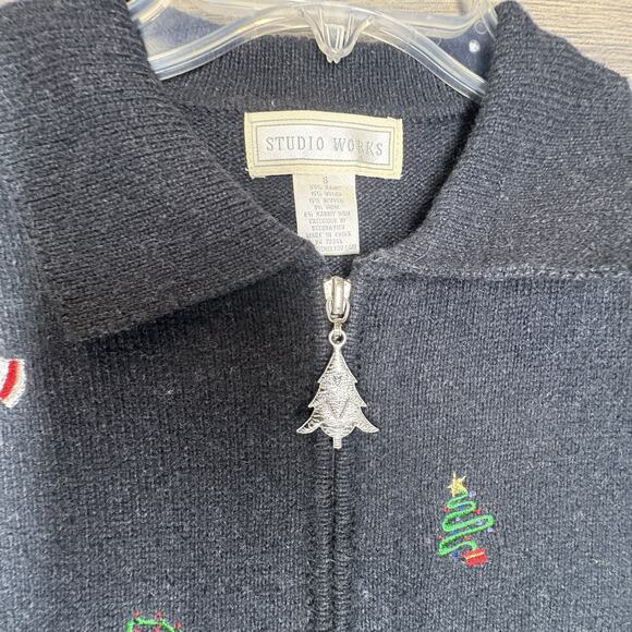 Studio Works Christmas Sweater Womens Small Embroidered Embellished Ugly Zipper - Picture 8 of 13